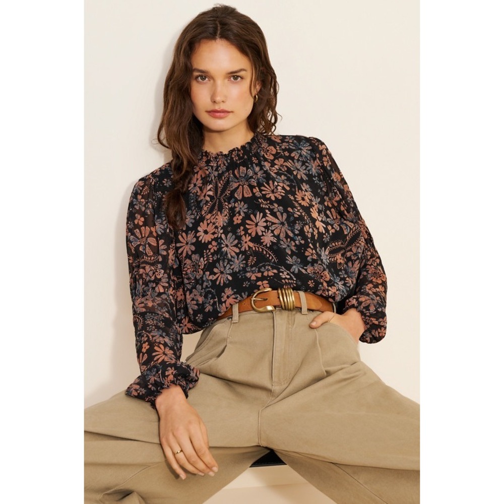 Free People Clarissa Floral‎ Blouse Top Womens Small Black Pink Blue